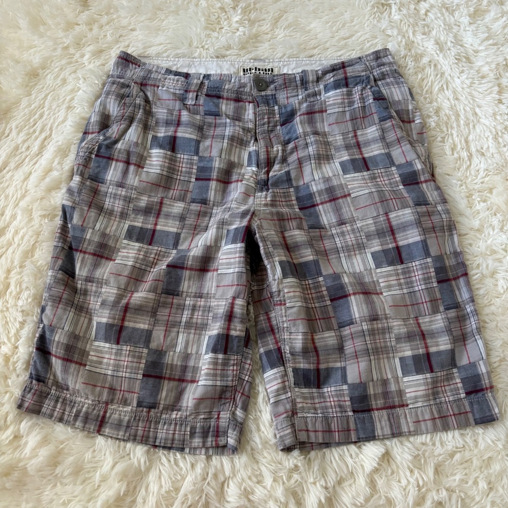 Urban Pipeline Mens Plaid Patchwork Shorts Grey Red White Size 34 Cotton